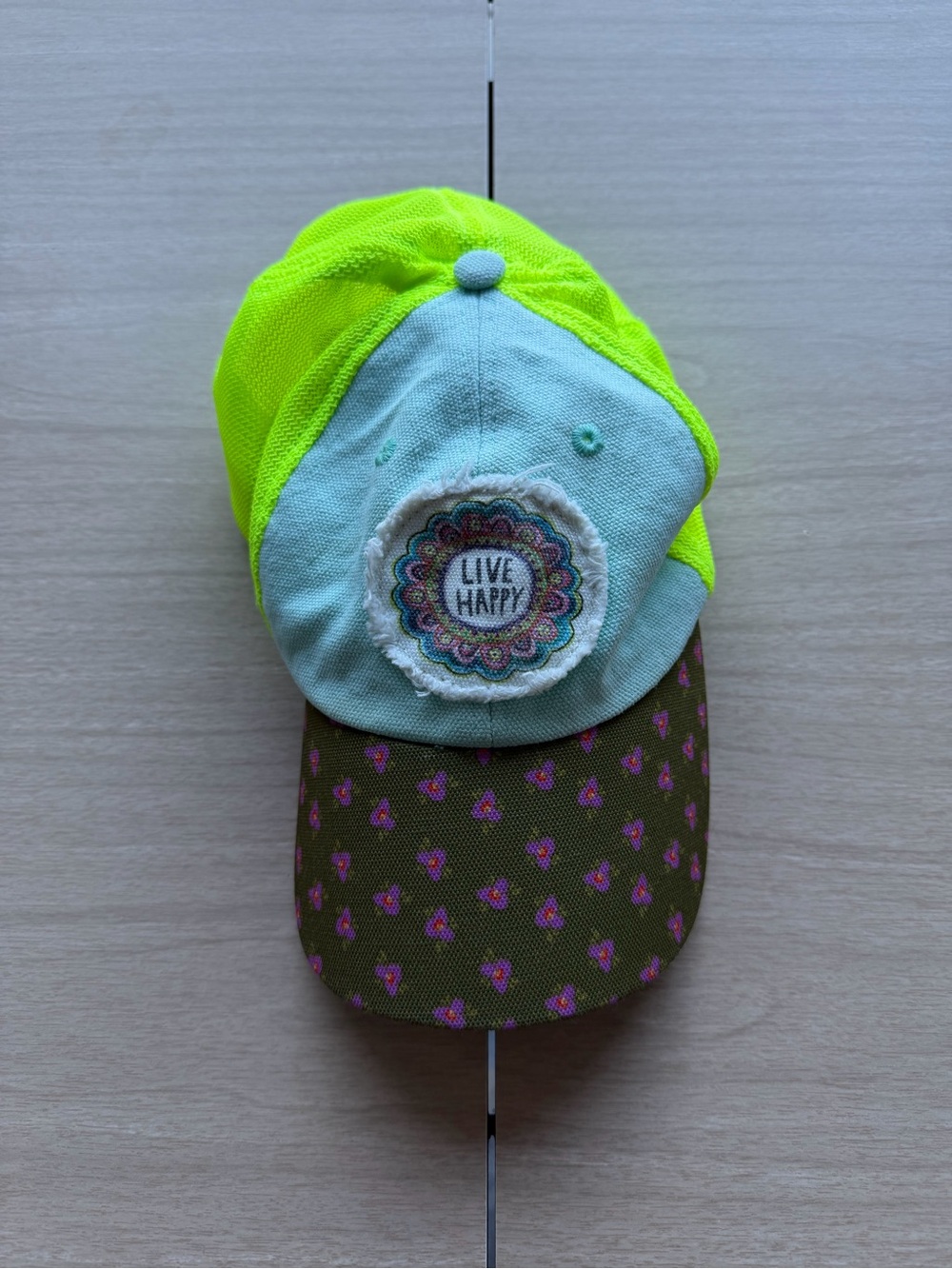 Natural Life Women’s "Live Happy" Patch Hat with Floral Pattern